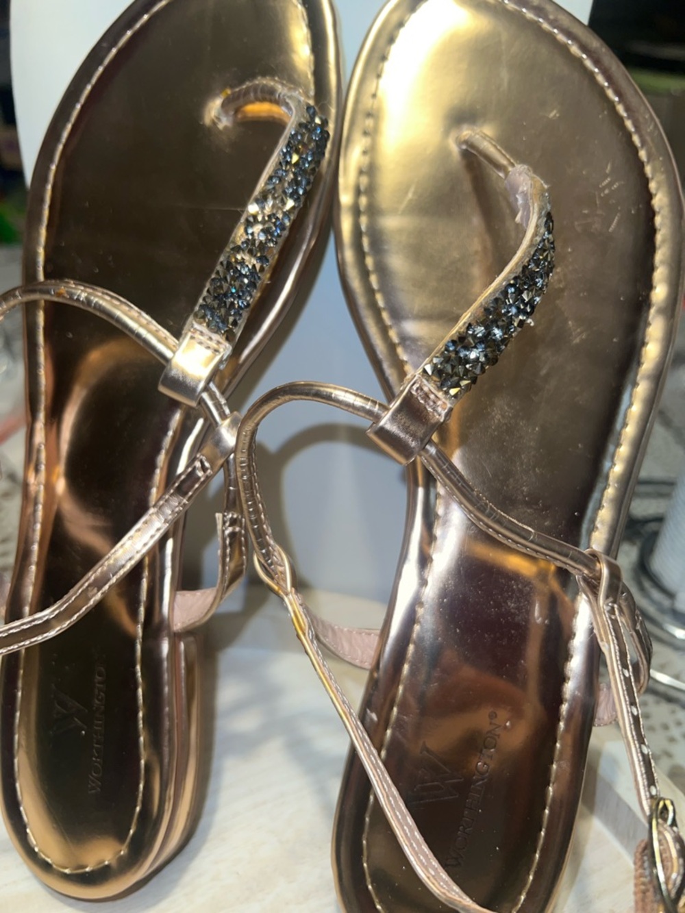 Women's Rose Gold T-Strap Rhinestone Sandals